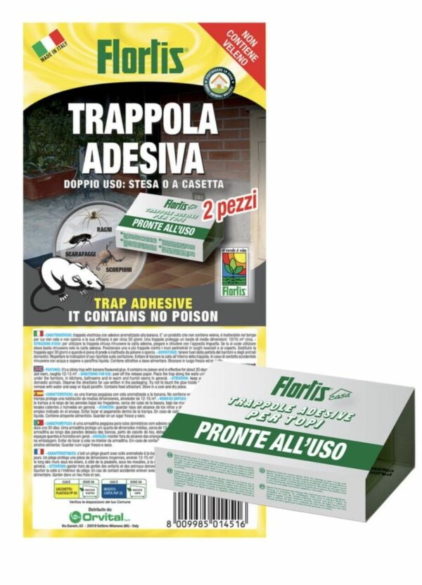 FLORTIS TRAPPOLE ADESIVE PER TOPI 2 PZ. PRONTE ALL'USO IN BLISTER CODICE 050066